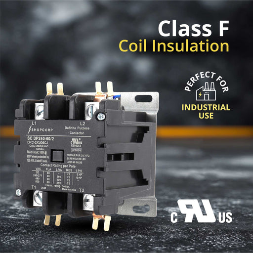 Shopcorp 60 Amp 2 Pole Definite Purpose Contactor | 75A RES, 220/240V Coil, UL Listed for HVAC, Refrigeration & Heat Pump Systems