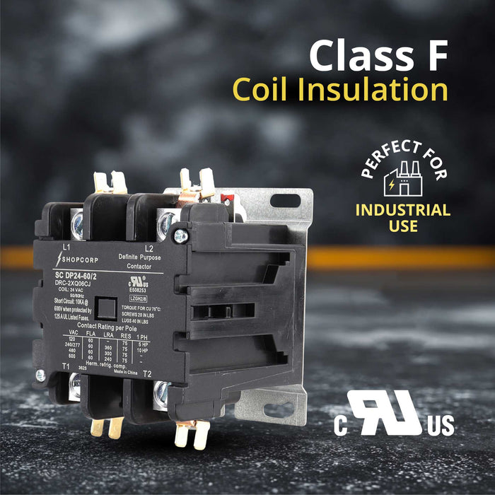 Shopcorp 60 Amp 2 Pole Definite Purpose Contactor | 75A RES, 24V Coil, UL Listed for HVAC, Refrigeration & Heat Pump Systems