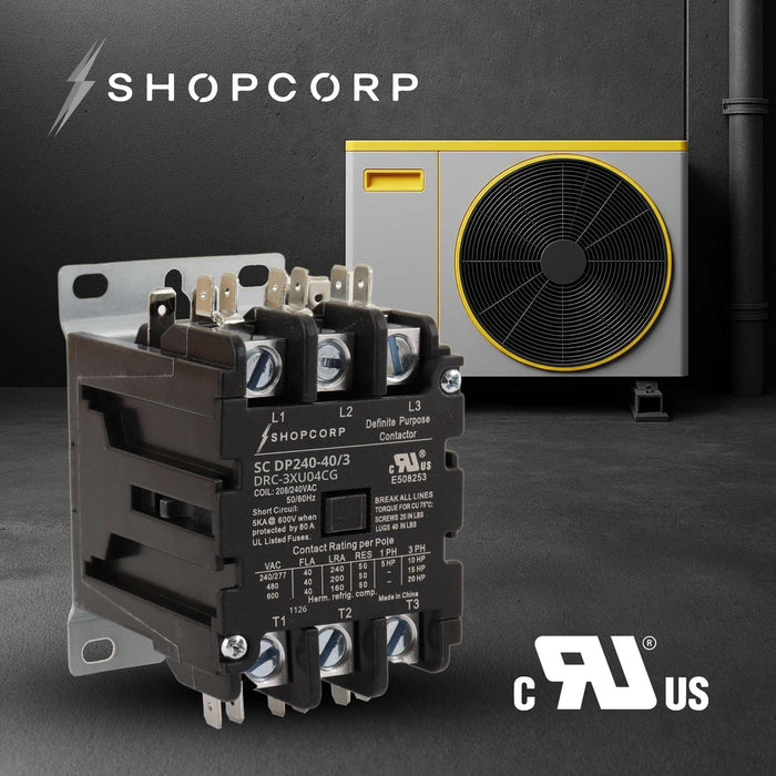 Shopcorp 40A 3 Pole 600V Definite Purpose - Normally Open Contactor - 208/240VAC Coil for HVAC & Lighting - UL Certified