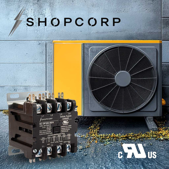 Shopcorp 40A 4 Pole 600V Definite Purpose, NO Contactor - 110/120VAC Coil for HVAC, AC & Lighting - UL Certified