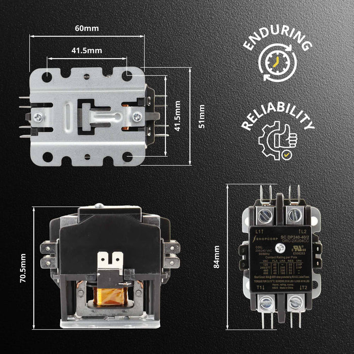 Shopcorp 40 Amp 2 Pole Definite Purpose Contactor | 50A RES, 240V Coil, UL Listed for HVAC, Lighting & Motor Load Applications