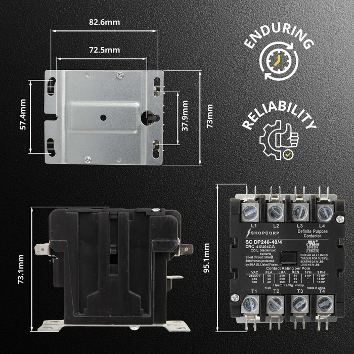 Shopcorp 40 Amp 4 Pole Definite Purpose Contactor – 208/240VAC Coil for HVAC, Refrigeration & Heat Pump Systems