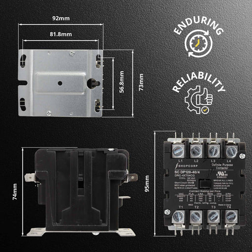 Shopcorp 40A 4 Pole 600V Definite Purpose, NO Contactor - 110/120VAC Coil for HVAC and Lighting - UL Certified