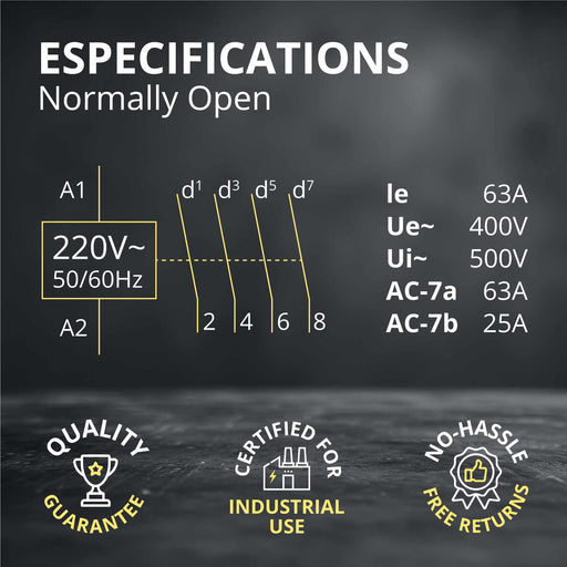 Shopcorp 60A 4 Pole Normally Open 400V AC Contactor - 220/240VAC Coil for HVAC, AC, Motor Load and Lighting - Silent Operation