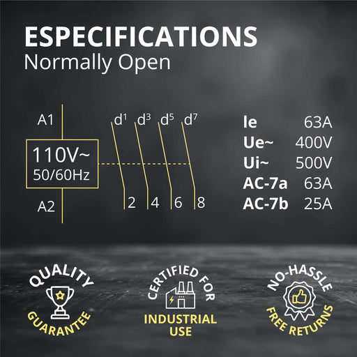 Shopcorp 50A 4 Pole NO IEC 400V Contactor - 110/120VAC Coil for HVAC, AC, Motor Load, and Lighting