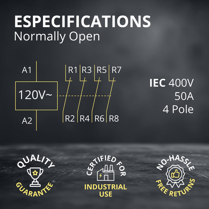 Shopcorp 50A 4 Pole NO Contactor - IEC 400V - 110/120VAC Coil - With DIN Rail and 2 Screws for HVAC, AC, Motor and Lighting