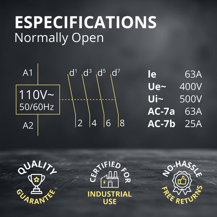 Shopcorp 40A 4 Pole NO IEC 400V Contactor - 110/120VAC Coil for HVAC, AC, Motor, and Lighting