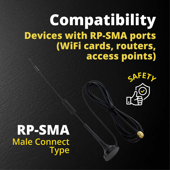 Shopcorp Dual Band WiFi Antenna 2.4GHz/5GHz/5.8GHz, 2dBi RP-SMA Male Magnetic Base, 10 ft Cable