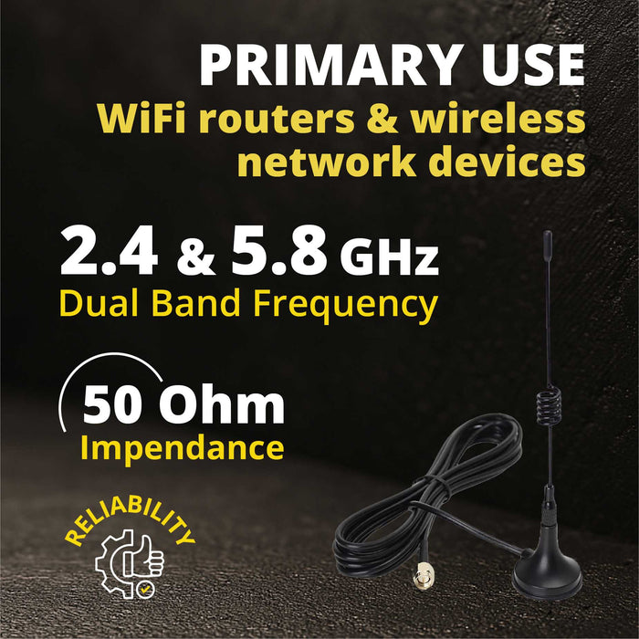 Shopcorp Dual Band WiFi Antenna 2.4GHz/5GHz/5.8GHz, 2dBi RP-SMA Male Magnetic Base, 10 ft Cable