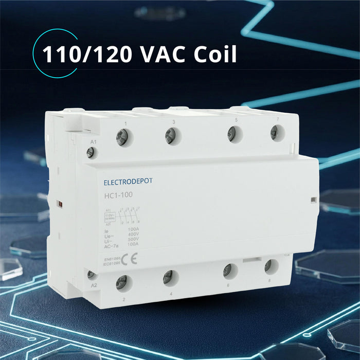 Electrodepot 100A 4 Pole Normally Open Contactor - 110/120 VAC Coil for HVAC Systems, AC, Motor Load, & Lighting Systems
