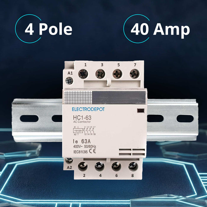 Electrodepot 40A 4 Pole Normally Open 400V Contactor - 110/120VAC Coil with DIN Rail for HVAC, AC, Motor Load & Lighting
