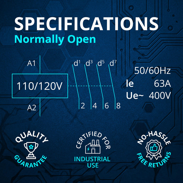 Electrodepot Specifications 40A - 50A - 63A 4 Pole Normally Open 400V Contactor - 110/120VAC Coil for HVAC, AC, Motor Load & Lighting