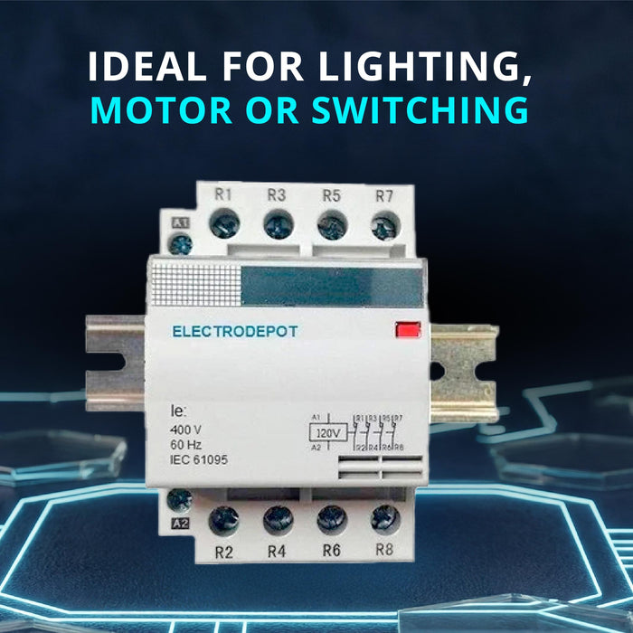 Electrodepot 40A 4 Pole Normally Open 400V Contactor - 110/120VAC Coil with DIN Rail for HVAC, AC, Motor Load & Lighting