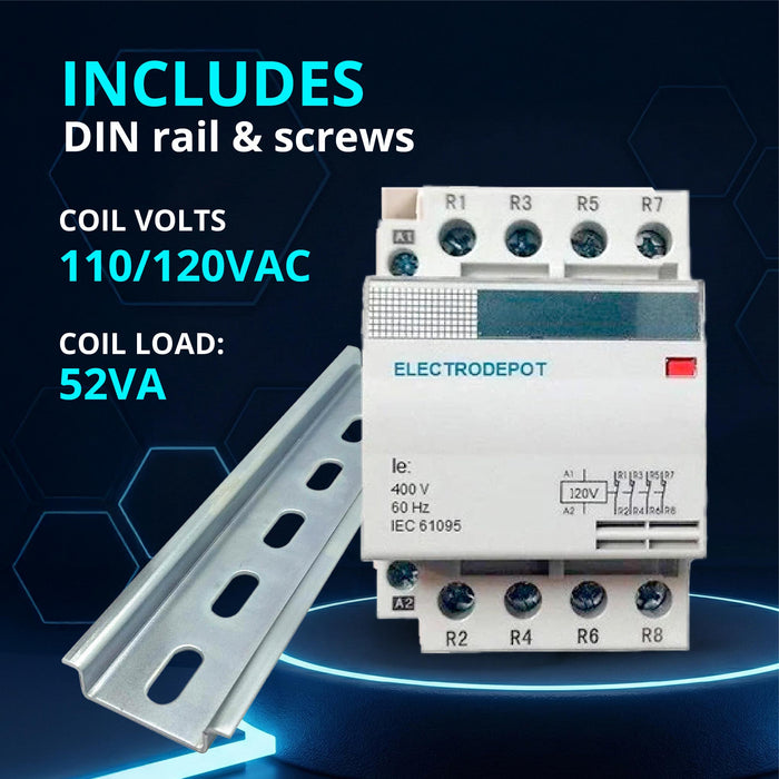 Electrodepot 40A 4 Pole Normally Open 400V Contactor - 110/120VAC Coil with DIN Rail for HVAC, AC, Motor Load & Lighting