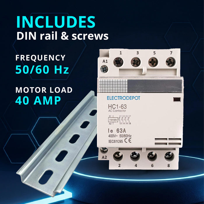 Electrodepot 40A 4 Pole Normally Open 400V Contactor - 110/120VAC Coil with DIN Rail for HVAC, AC, Motor Load & Lighting