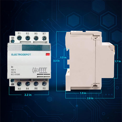 Electrodepot Dimensions 40A - 50A - 63A 4 Pole Normally Open 400V Contactor - 110/120VAC Coil for HVAC, AC, Motor Load & Lighting