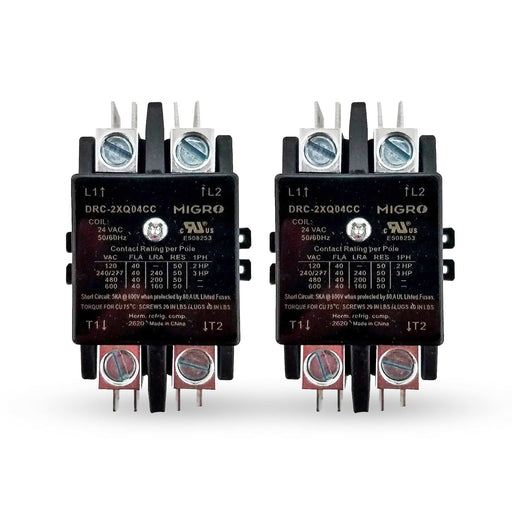 Migro 40A 2 Pole 600V - 24V, Inductive 40A / Resistive 50 A Contactor for HVAC and Lighting with NEMA standards | 2 pack