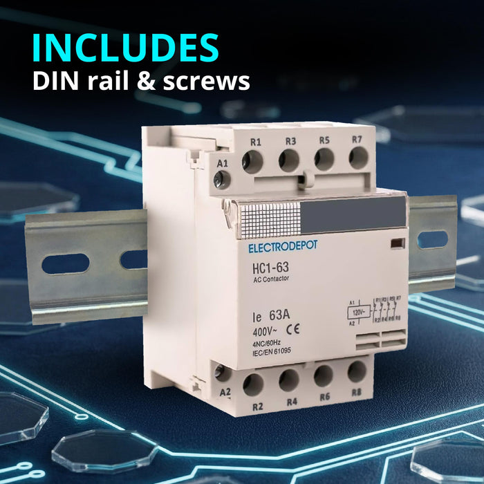 Electrodepot 60A 4 Pole Normally Open Contactor 400V - 110/120VAC for HVAC, AC, Motor Load and Lighting - With DIN Rail