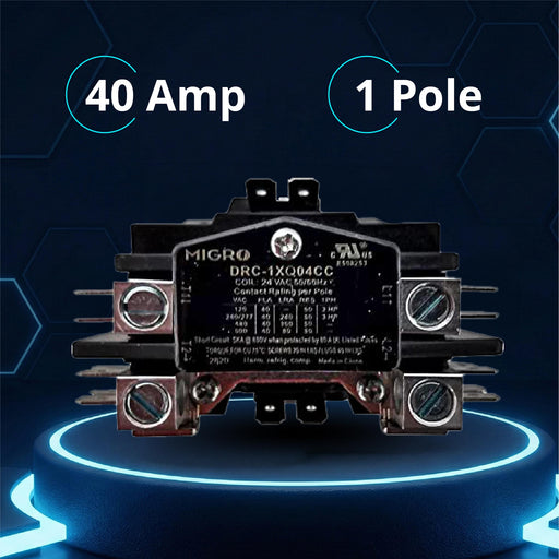 Migro 40 Amp 1 Pole 24V - 600V Definite Purpose Contactor for HVAC Heavy Duty Systems - Inductive 40Amp, Resistive 50Amp