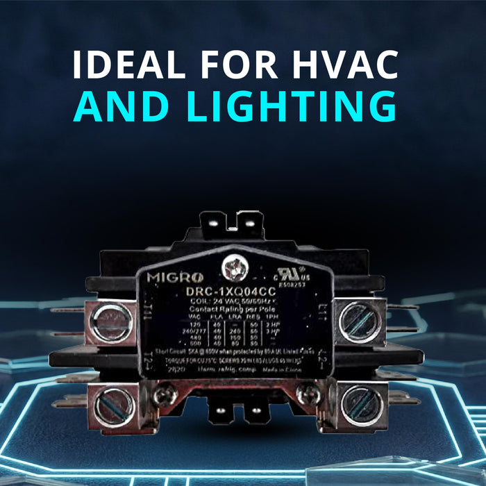 Migro 40 Amp 1 Pole 24V - 600V Definite Purpose Contactor for HVAC Heavy Duty Systems - Inductive 40Amp, Resistive 50Amp