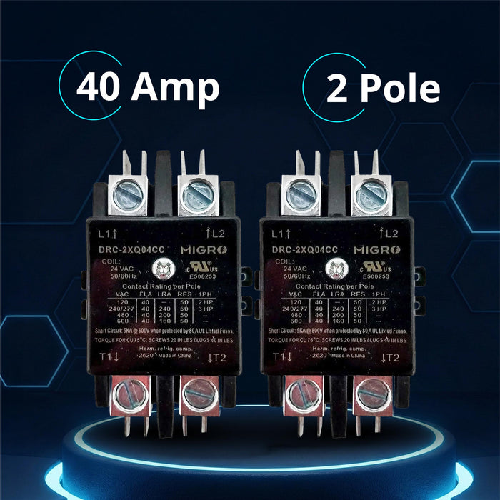 Migro 40A 2 Pole 600V - 24V, Inductive 40A / Resistive 50 A Contactor for HVAC and Lighting with NEMA standards | 2 pack