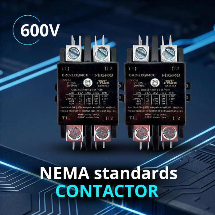 Migro 40A 2 Pole 600V - 24V, Inductive 40A / Resistive 50 A Contactor for HVAC and Lighting with NEMA standards | 2 pack
