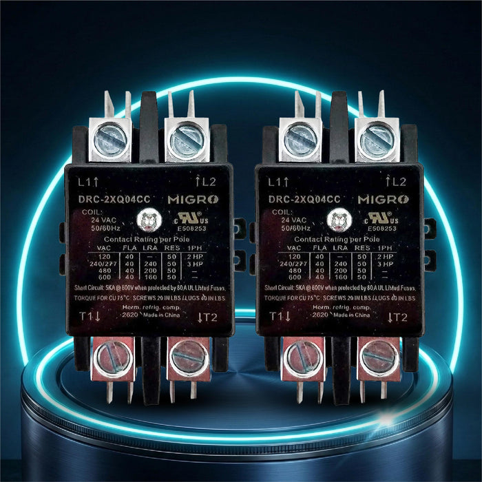 Migro 40A 2 Pole 600V - 24V, Inductive 40A / Resistive 50 A Contactor for HVAC and Lighting with NEMA standards | 2 pack