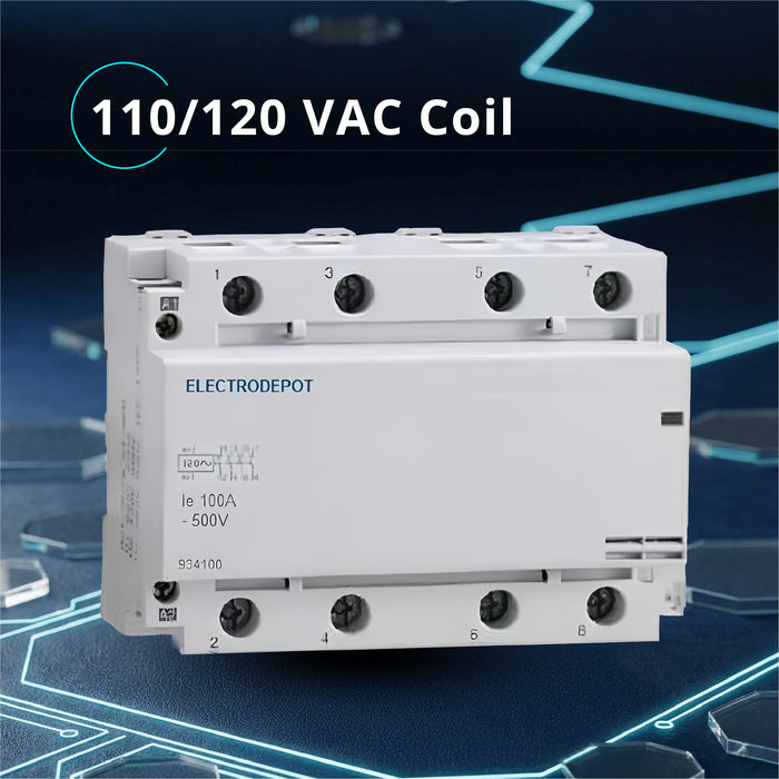 Electrodepot 100A 4 Pole Normally Open Contactor - 110/120 VAC Coil for HVAC Systems, AC, Motor Load, & Lighting Systems