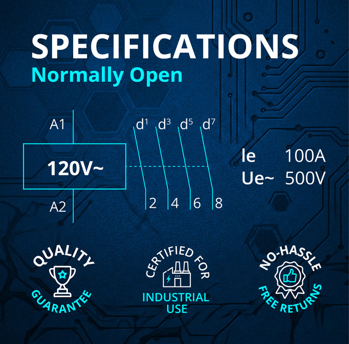Electrodepot Specifications 100A 4 Pole Normally Open Contactor - 110/120 VAC Coil