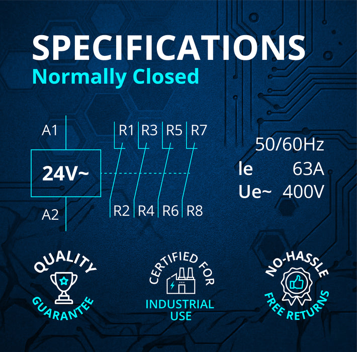 Electrodepot Specifications 63A 4 Pole IEC Normally Closed Contactor - 24V Coil