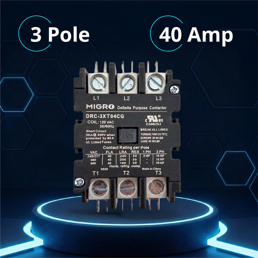 Migro 40 Amp 3 Pole, NEMA 600V Contactor - 110/120VAC Coil for HVAC, Air Conditioning  & Lighting Systems - UL Certified