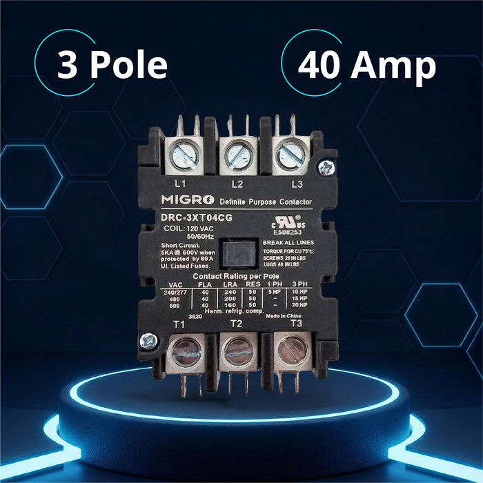 Migro 40 Amp 3 Pole, NEMA 600V Contactor - 110/120VAC Coil for HVAC, Air Conditioning  & Lighting Systems - UL Certified