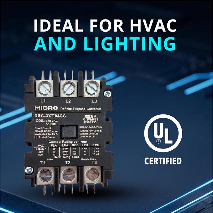 Migro 40 Amp 3 Pole, NEMA 600V Contactor - 110/120VAC Coil for HVAC, Air Conditioning  & Lighting Systems - UL Certified