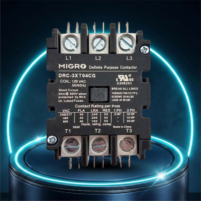 Migro 40 Amp 3 Pole, NEMA 600V Contactor - 110/120VAC Coil for HVAC, Air Conditioning  & Lighting Systems - UL Certified