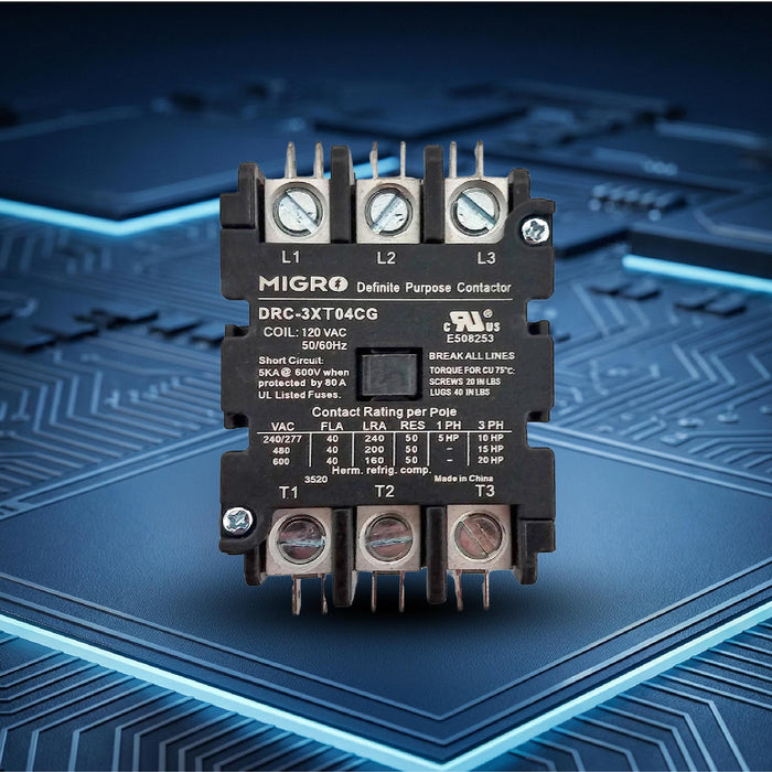 Migro 40 Amp 3 Pole, NEMA 600V Contactor - 110/120VAC Coil for HVAC, Air Conditioning  & Lighting Systems - UL Certified