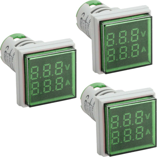Shopcorp LED Voltage Display Panel Mount Volt Amp Meter, AD101-22VAMS 22mm Square Voltmeter and Ammeter, AC50-500V Voltage and 0-100A Current Meter, Green (3 pack)