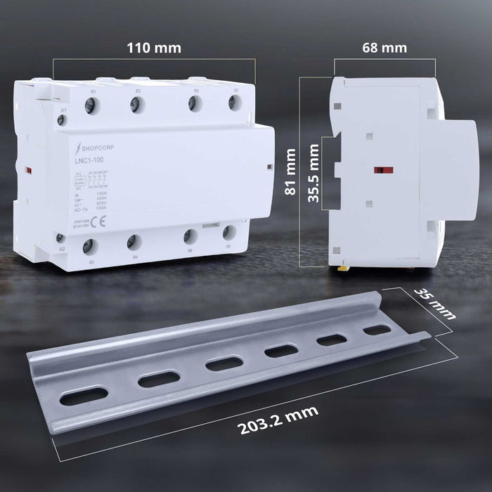 Shopcorp 100 Amp 4 Pole Normally Closed IEC 500V Contactor with DIN Rail and 2 Screws for HVAC, AC, Motor Load and Lighting