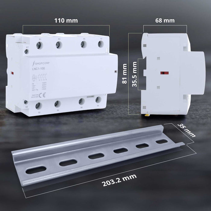 Shopcorp 100 Amp 4 Pole Normally Open IEC 500V Contactor with DIN Rail and 2 Screws for HVAC, AC, Motor Load and Lighting