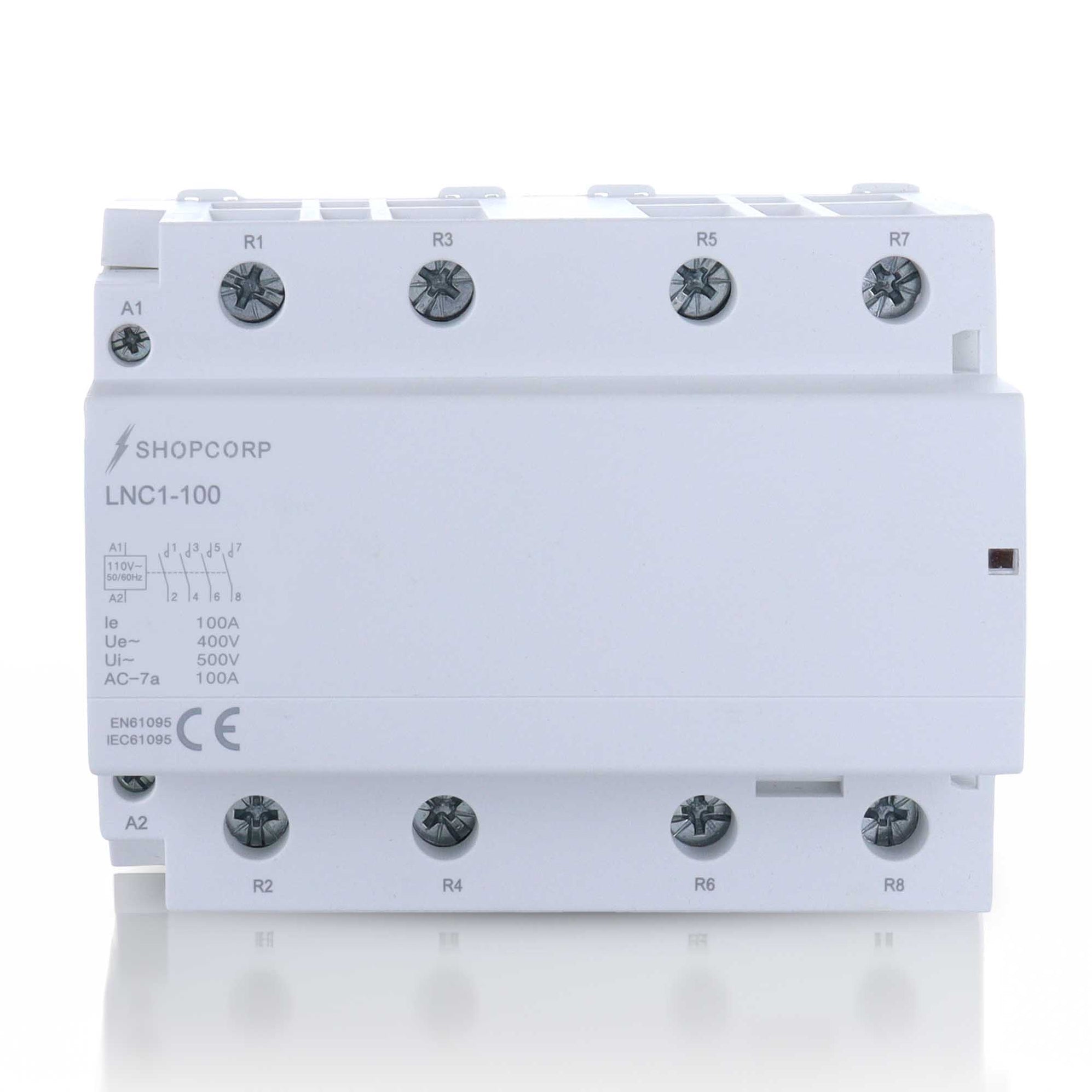 Contactor Open Frame Contactor, 4 Pole Normally Open, 110/120V, 100A + Aluminum DIN Rail + 2 ...