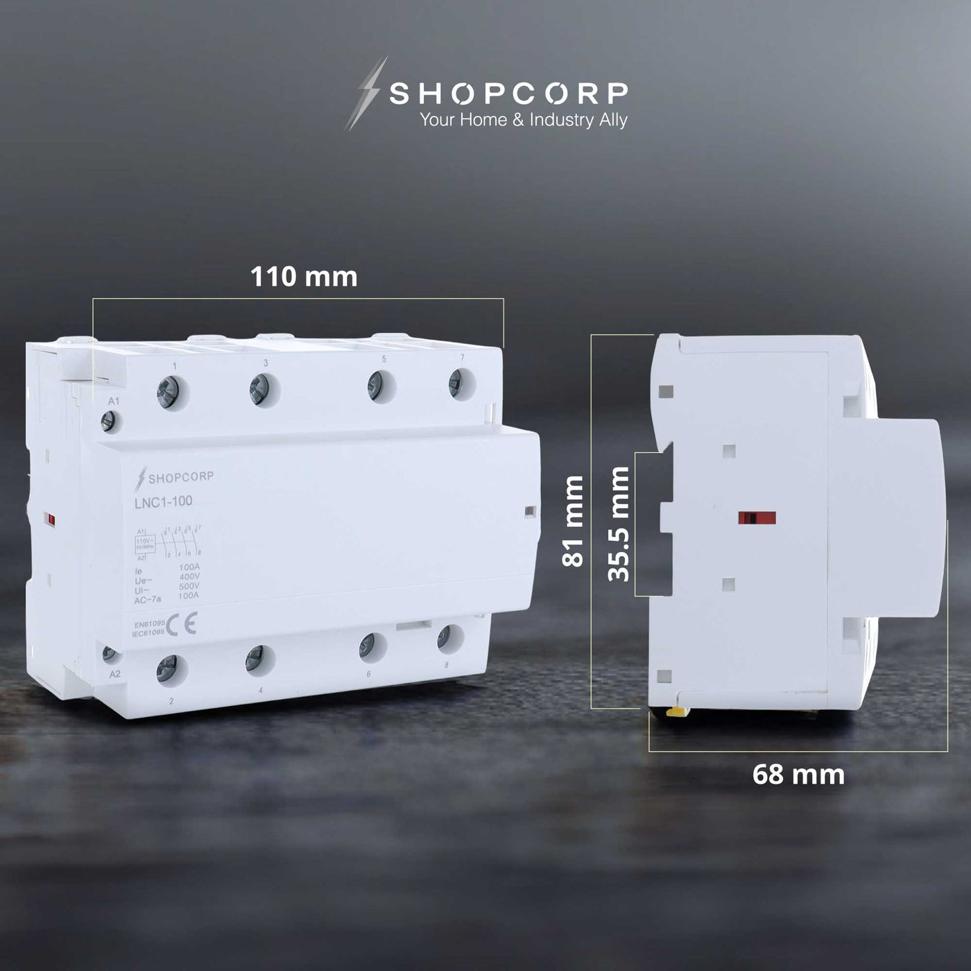 Contactor Open Frame Contactor, 4 Pole Normally Open, 110/120V, 100A + Aluminum DIN Rail + 2 ...
