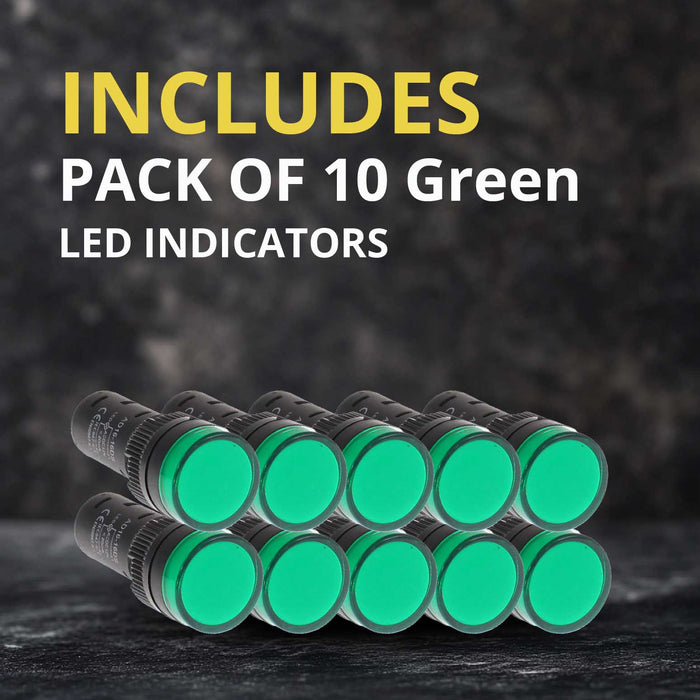 Shopcorp 20mA Energy Saving, Industrial LED Indicator Lights - 10 Green Bulbs