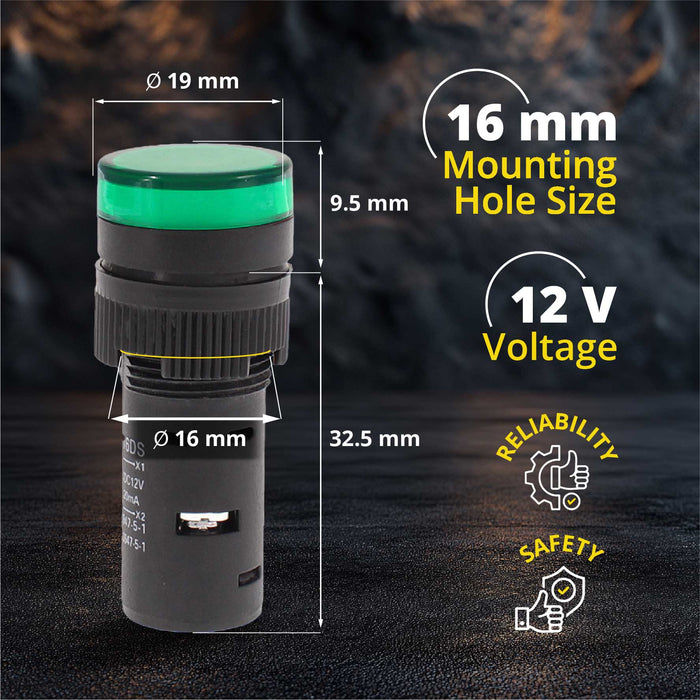 Shopcorp 20mA Energy Saving LED Indicator Lights - Green - 16mm, 12V