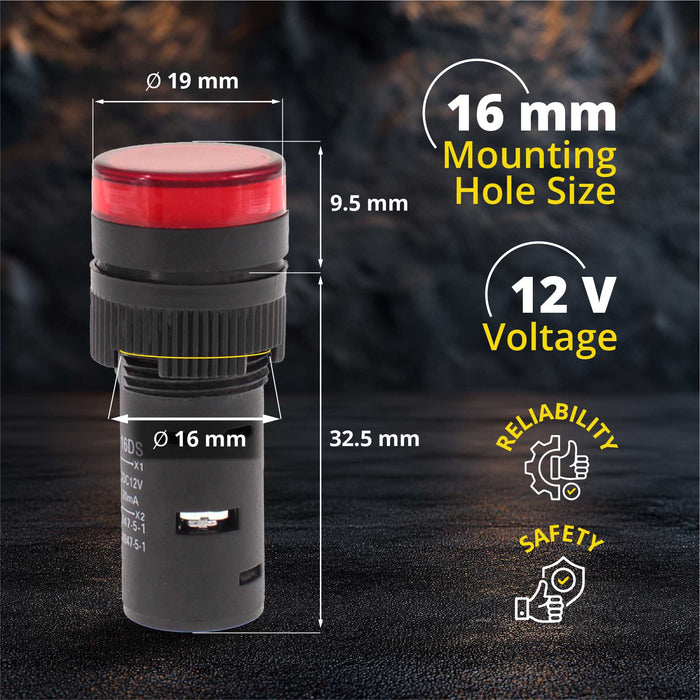 Shopcorp 20mA Energy Saving LED Indicator Lights - Red - 16mm, 12V
