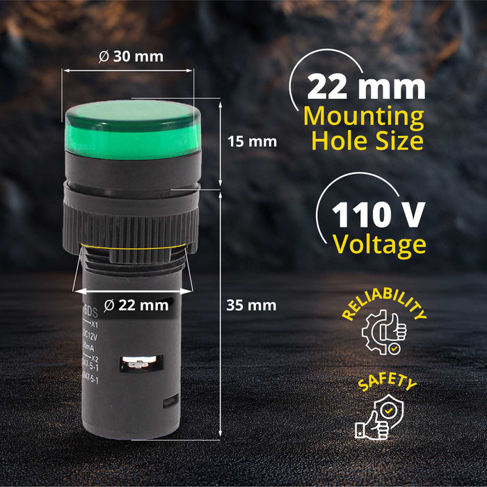 Shopcorp 20mA Energy Saving LED Indicator Lights - Green - 22mm, 110V