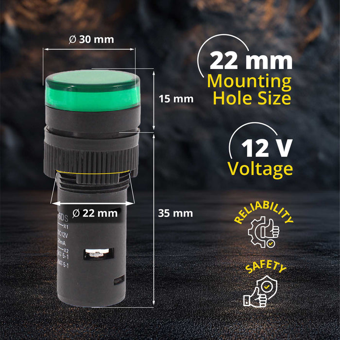 Shopcorp 20mA Energy Saving LED Indicator Lights - Green - 22mm, 12V