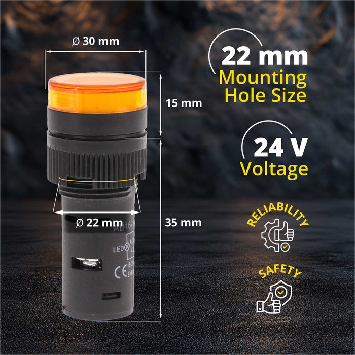 Shopcorp 20mA Energy Saving LED Indicator Lights - Yellow - 22mm - 24V