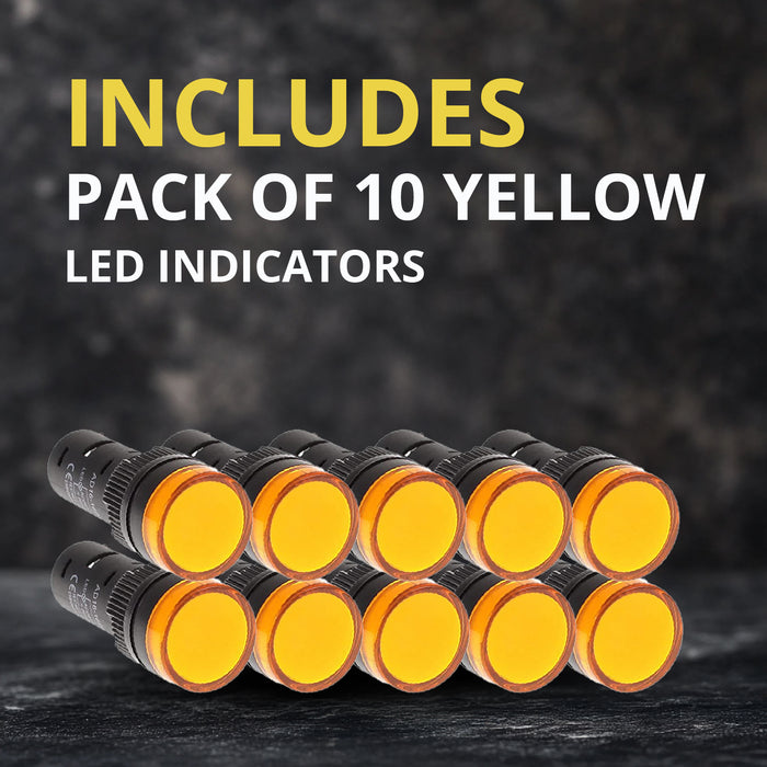 Shopcorp LED Indicator Light 16mm , 12V / 24V / 110–120V AC/DC, Yellow – 10 Pack