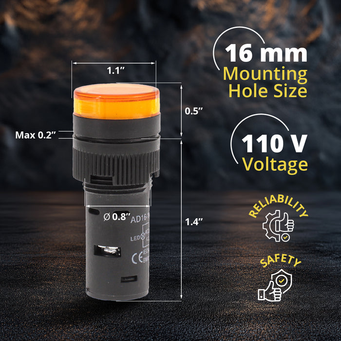 Shopcorp LED Indicator Light 16mm , 12V / 24V / 110–120V AC/DC, Yellow – 10 Pack