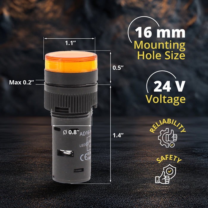 Shopcorp LED Indicator Light 16mm , 12V / 24V / 110–120V AC/DC, Yellow – 10 Pack