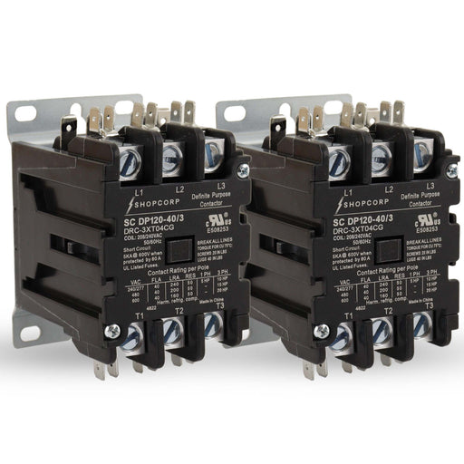 Shopcorp 40A 3 Pole 600V Definite Purpose - Normally Open Contactor - 208/240VAC Coil for HVAC & Lighting - UL Certified | 2 Pack